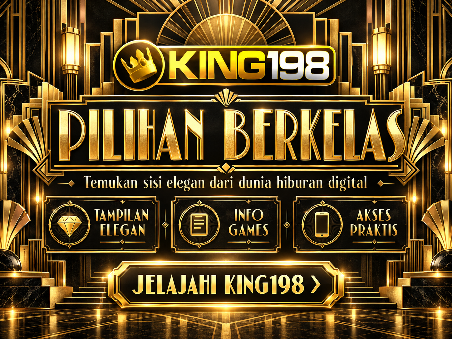 Banner KING198 bergaya art deco vintage dengan ornamen simetris geometris emas di atas latar hitam.